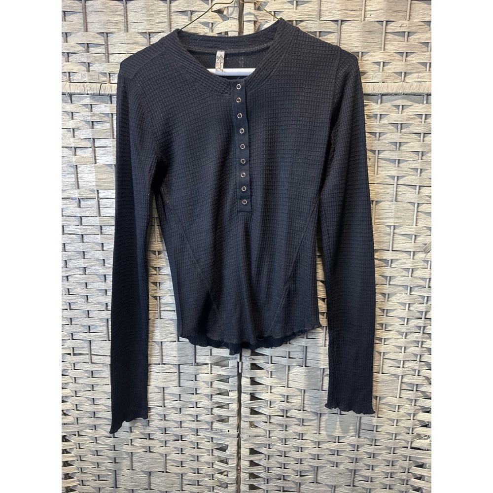 Free People Black Waffle Knit Long Sleeve Henley Shirt Top M